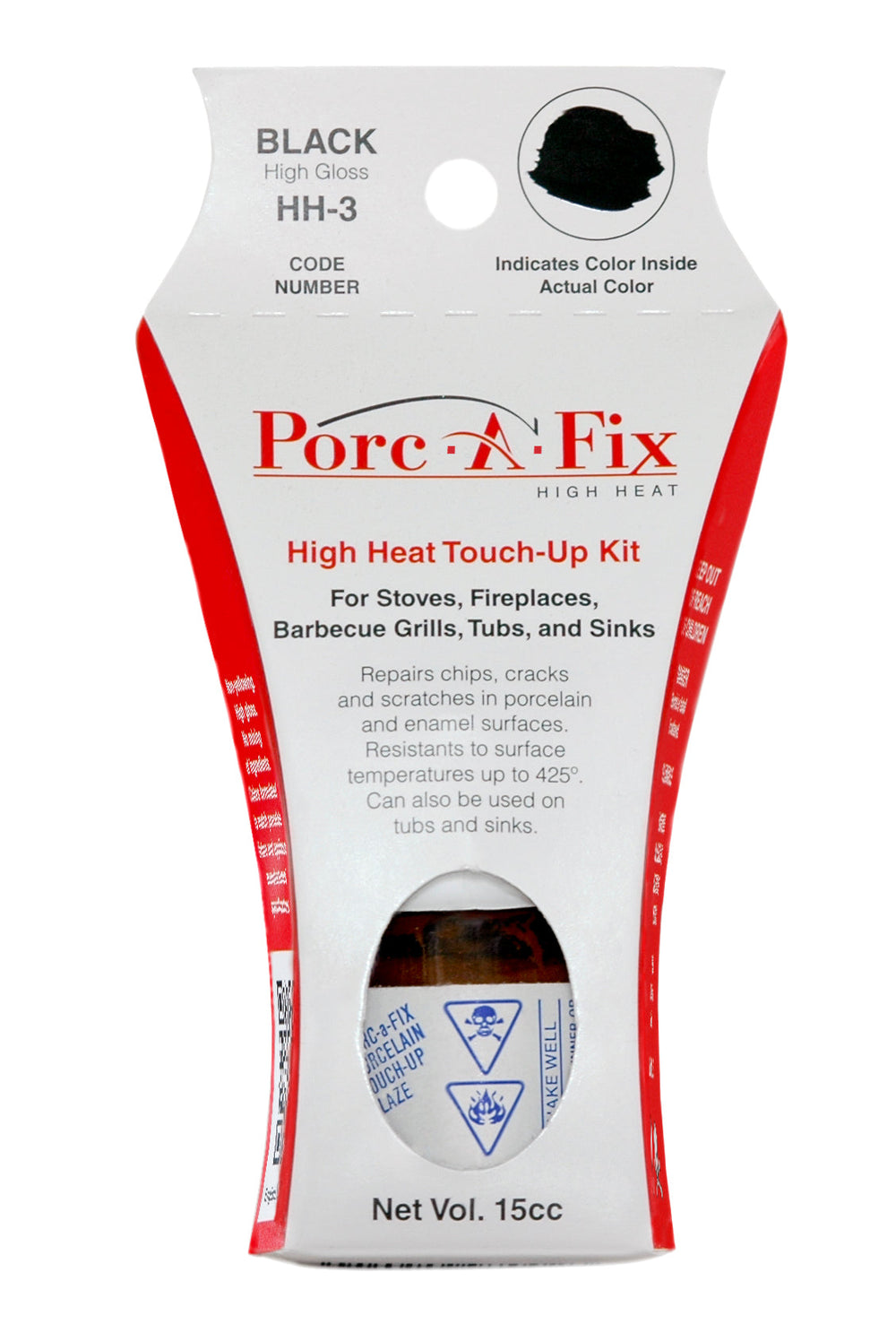 Porc-A-Fix® HIGH HEAT Touch-Up Glaze

The original Porc-A-Fix® glaze is not intended for use on materials exposed to high temperatures.  For those applications, there is Porc-A-Fix High Heat, a select line of colors specifically formulated to withstand temperatures up to 425 degrees F.  
Porc-A-Fix High Heat is for use on stovetops, enamel fireplaces, barbecues and other surfaces exposed to high heat.
