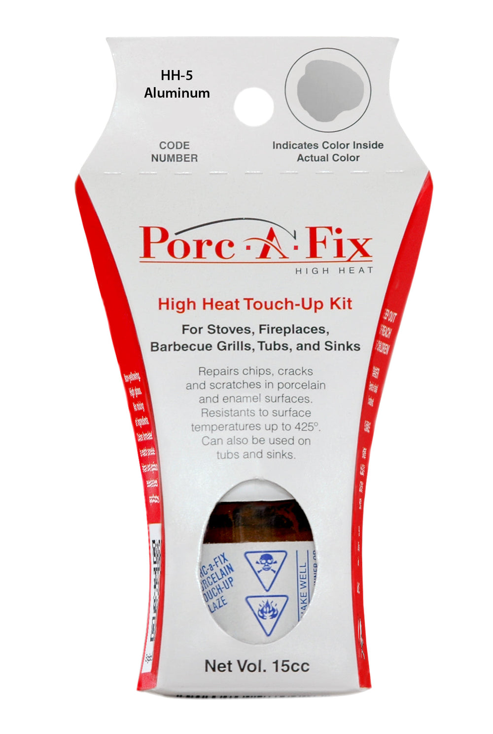 Porc-A-Fix® HIGH HEAT Touch-Up Glaze

The original Porc-A-Fix® glaze is not intended for use on materials exposed to high temperatures.  For those applications, there is Porc-A-Fix High Heat, a select line of colors specifically formulated to withstand temperatures up to 425 degrees F.  
Porc-A-Fix High Heat is for use on stovetops, enamel fireplaces, barbecues and other surfaces exposed to high heat.
